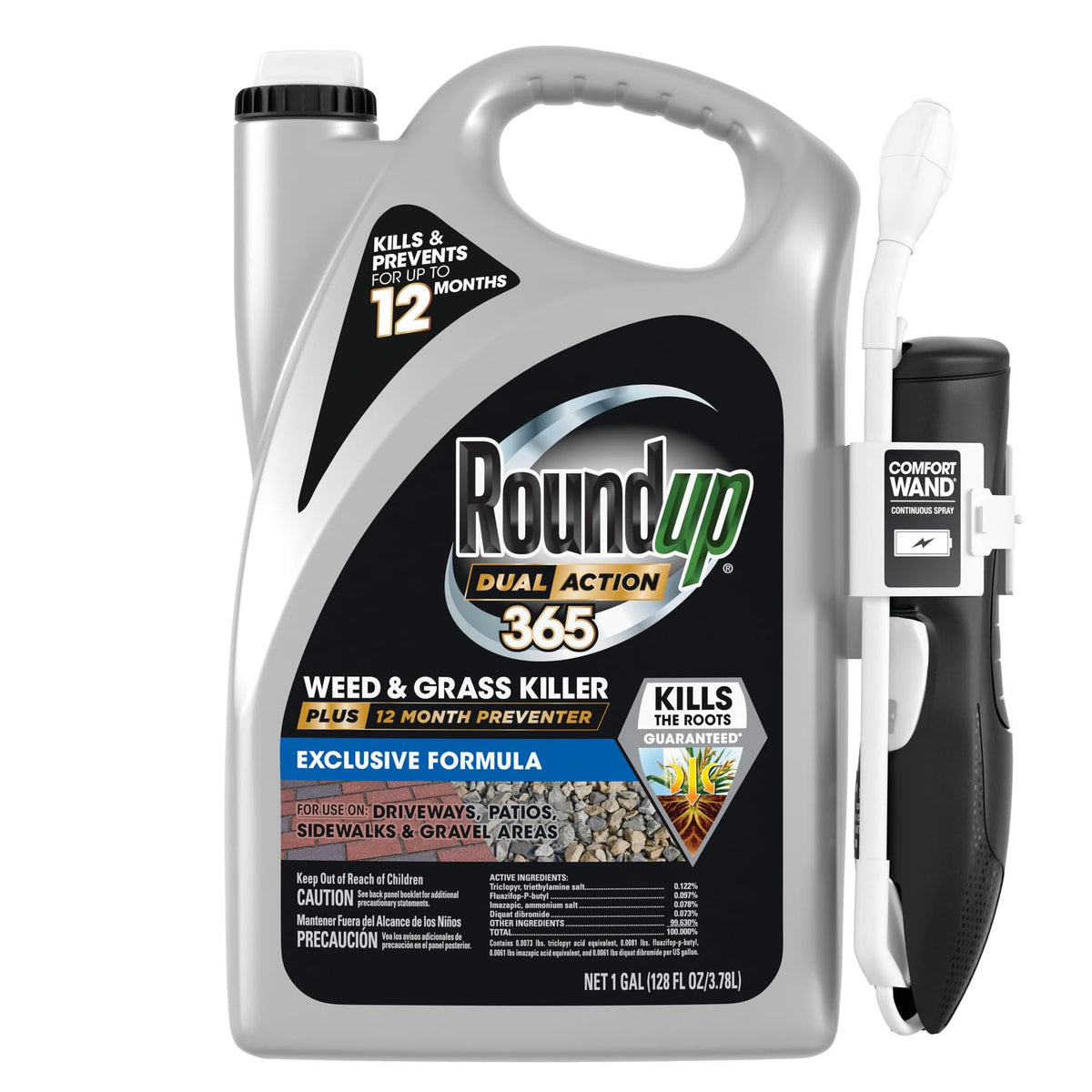 Roundup Dual Action 365 targets cracks and crevices with Comfort Wand for lasting weed control.