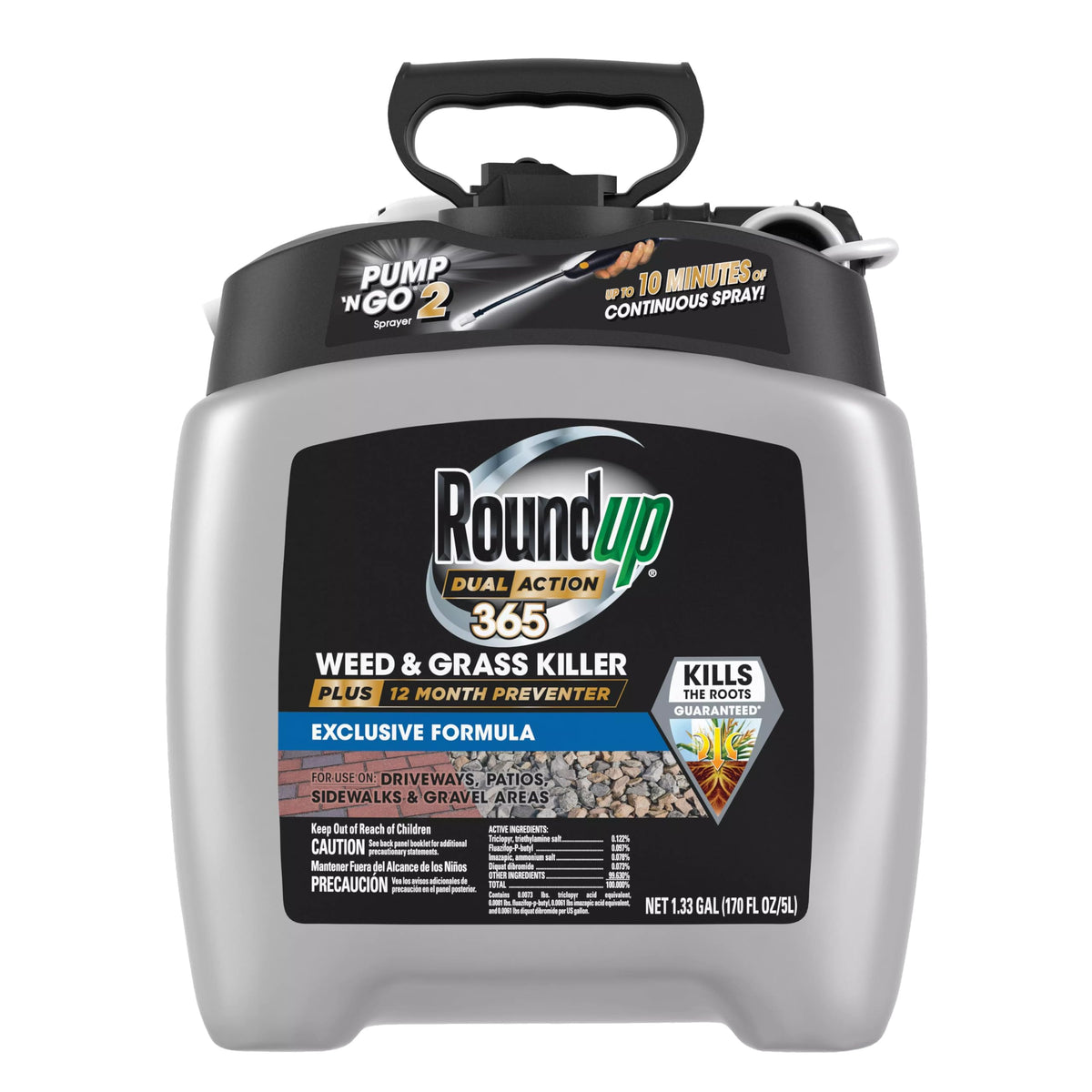 Roundup Dual Action 365 weed killer bottle targets clover and dandelion for long-lasting control.
