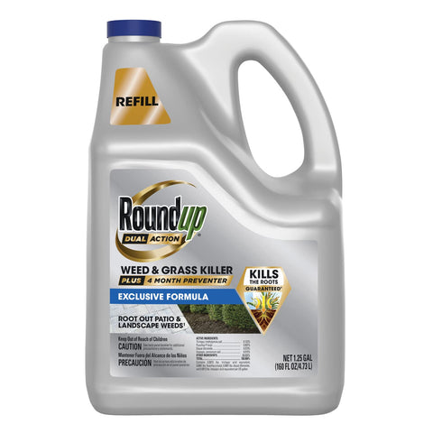 Roundup Dual Action bottle pour shows easy application for targeted weed control.