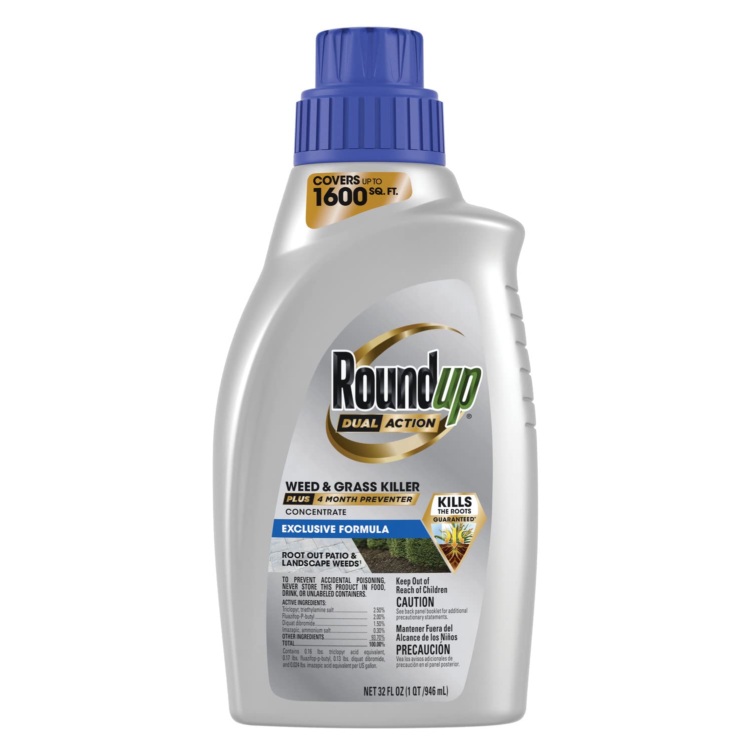 Roundup Dual Action bottle with spray nozzle showing fast root-killing weed control