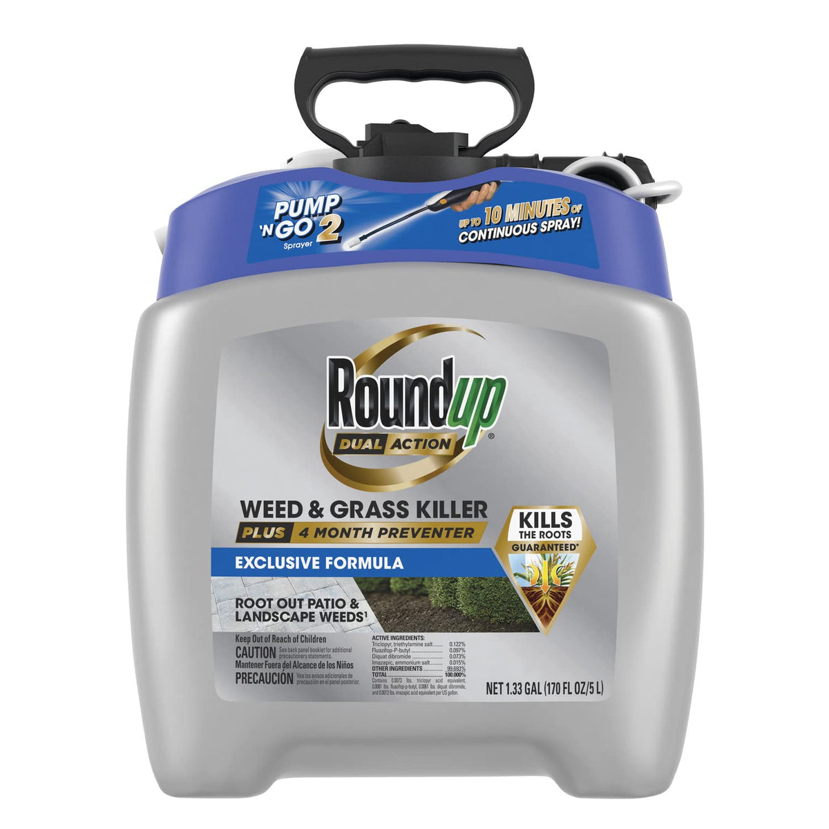 Roundup Dual Action bottle with sprayer ready for easy weed treatment.