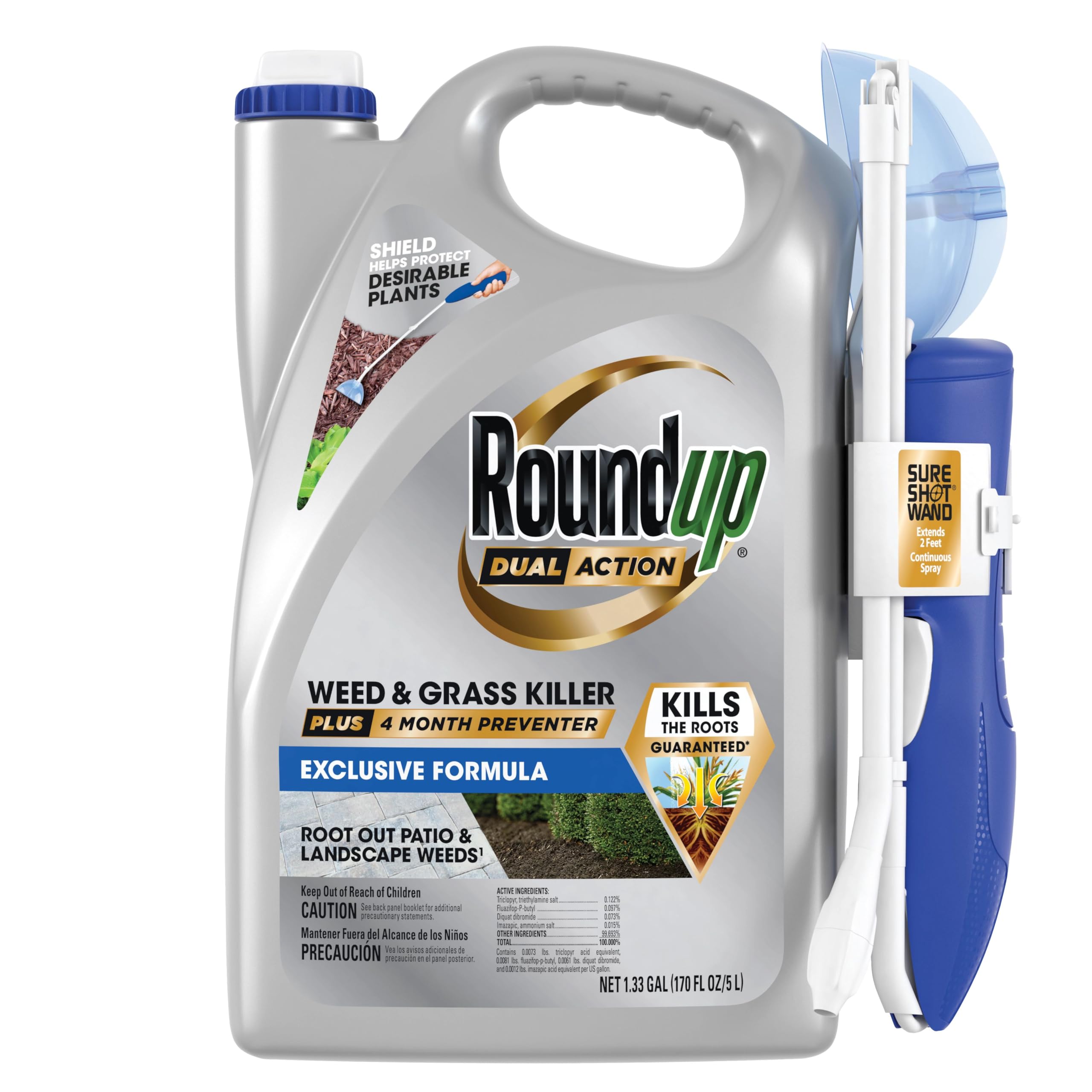 Roundup Dual Action weed killer bottle ready for root-level weed control on driveways