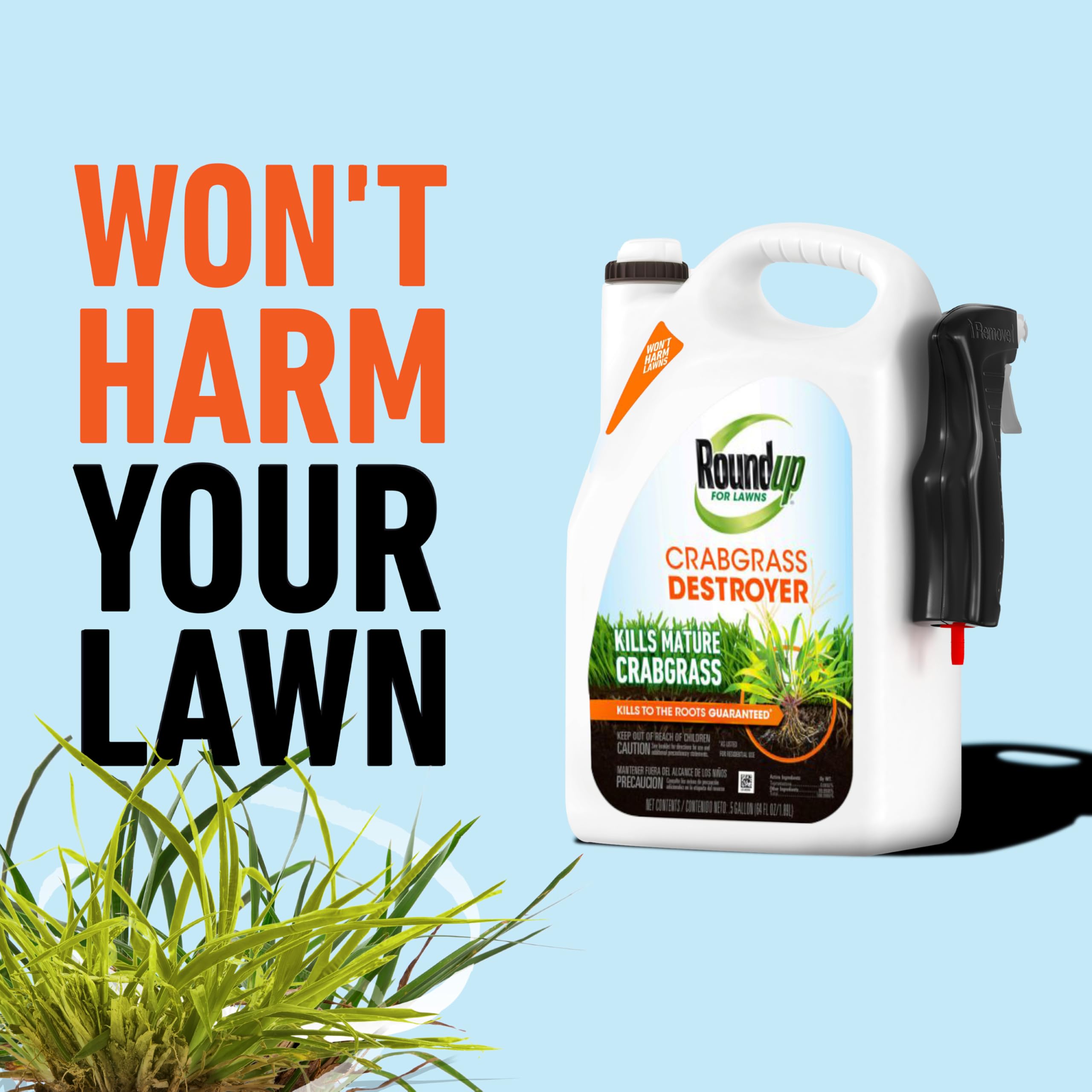 Roundup for Lawns Crabgrass Destroyer2 promotes a healthy-looking lawn with selective weed control.