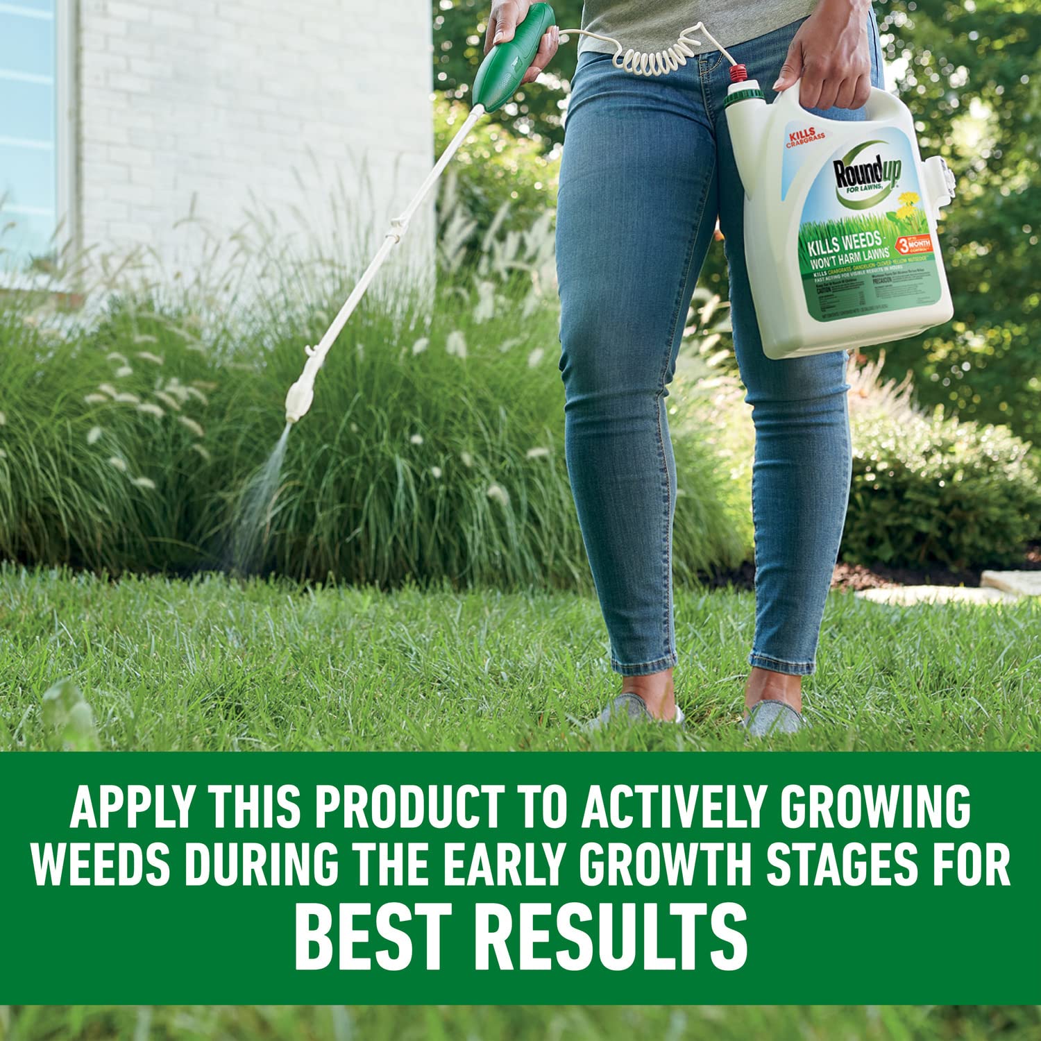 Roundup For Lawns₁ extend-wand reaches weeds without bending.