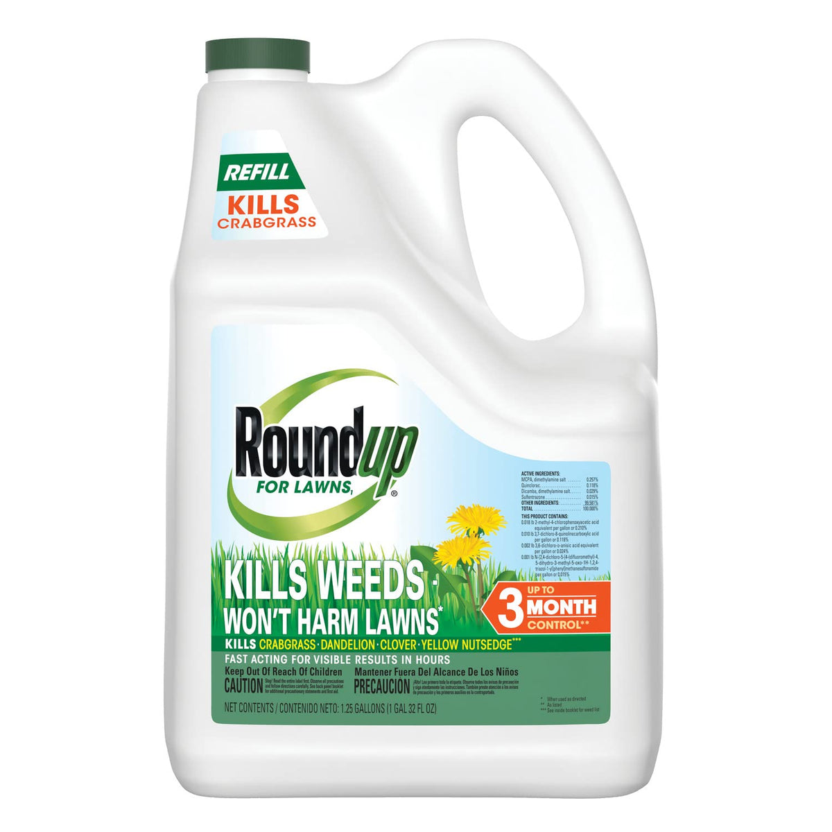 Roundup For Lawns₁ refill packaging demonstrating easy pour-and-go lawn care.
