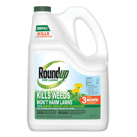 Roundup For Lawns₁ refill packaging demonstrating easy pour-and-go lawn care.