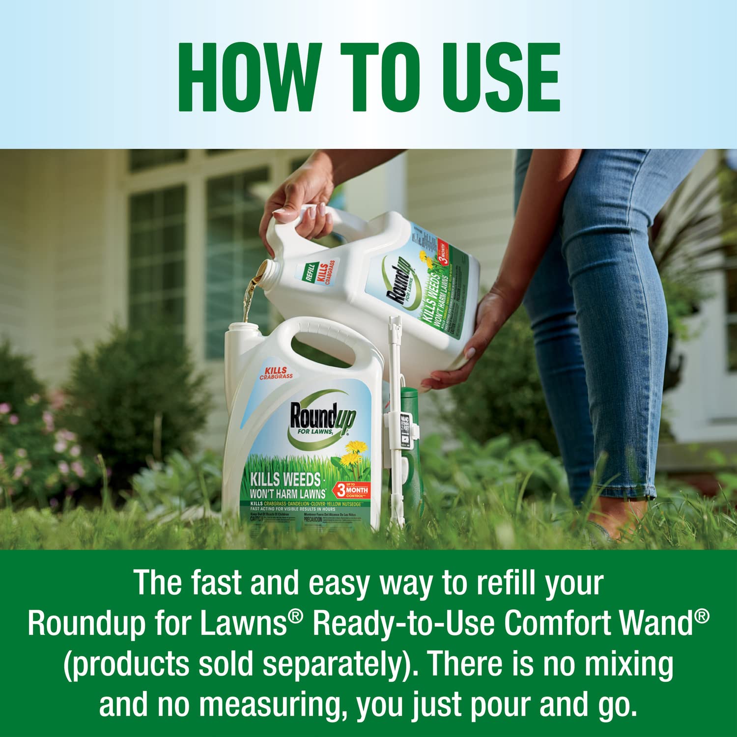 Roundup For Lawns₁ refill bottle with extended wand attachment.