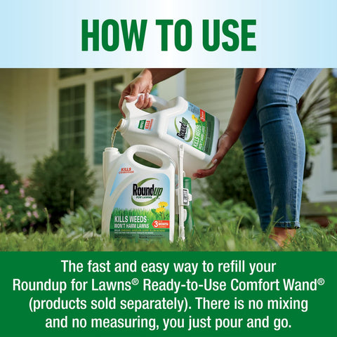 Roundup For Lawns₁ refill bottle with extended wand attachment.