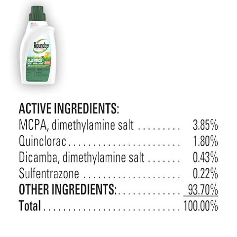 Label booklet with weed list guides proper use of Roundup For Lawns₂ Concentrate