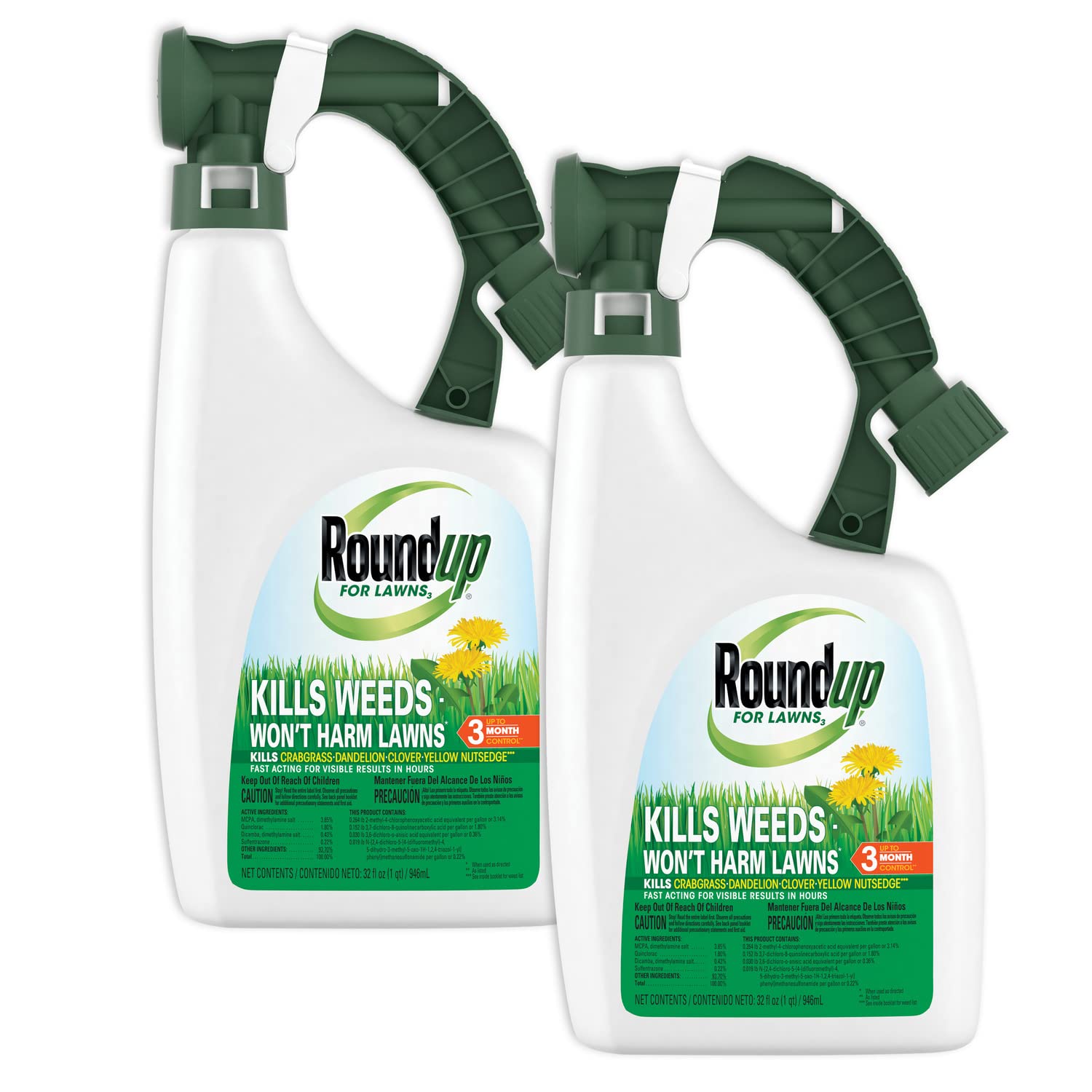 Roundup For Lawns3 bottle with nozzle targets weeds on northern grasses without harming the lawn.