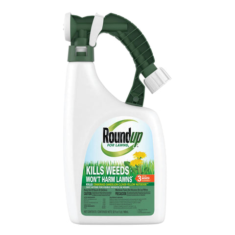 Roundup For Lawns3 bottle on lawn showing ready-to-spray weed control