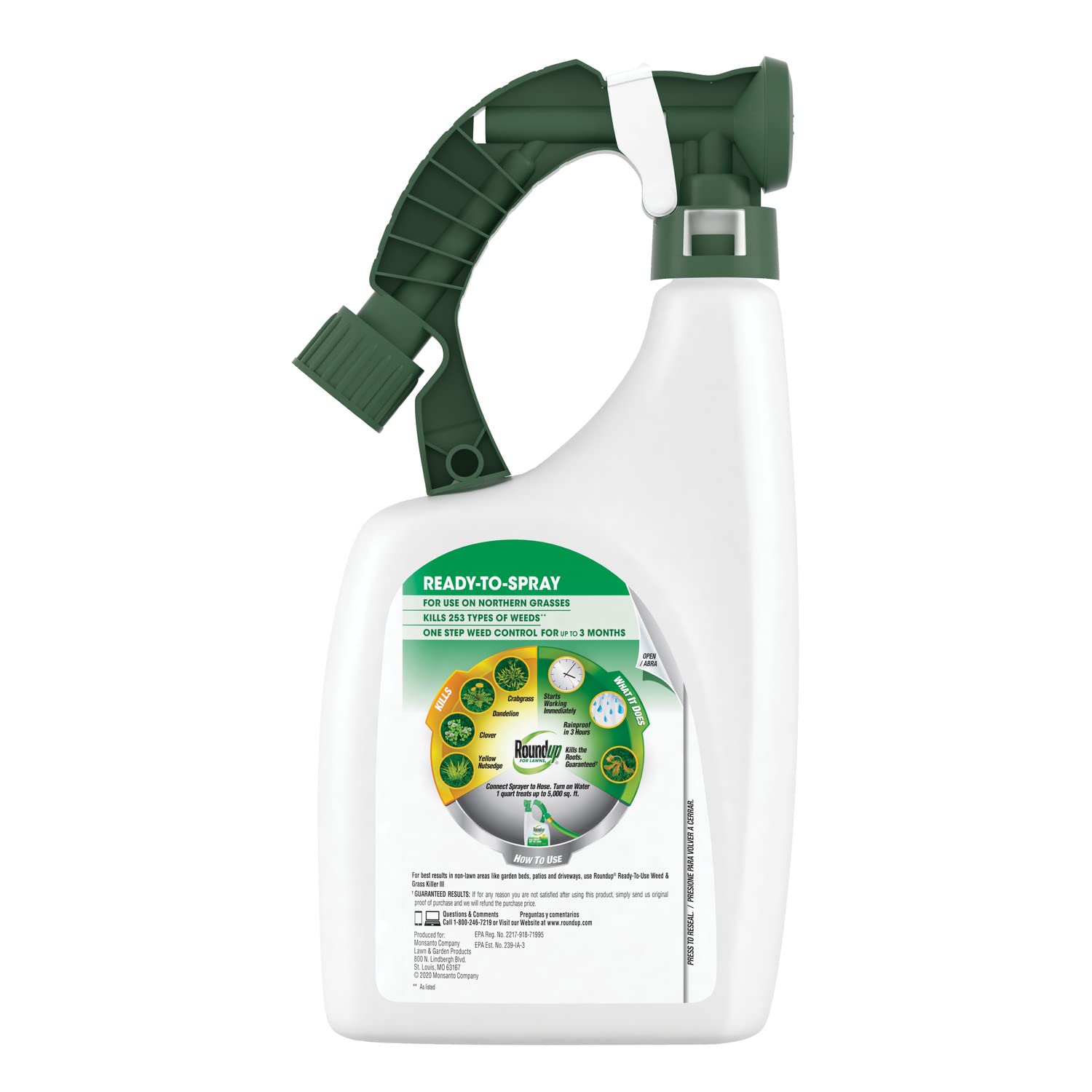 Roundup For Lawns3 ready-to-spray covers up to 5,000 sq ft for weed control.