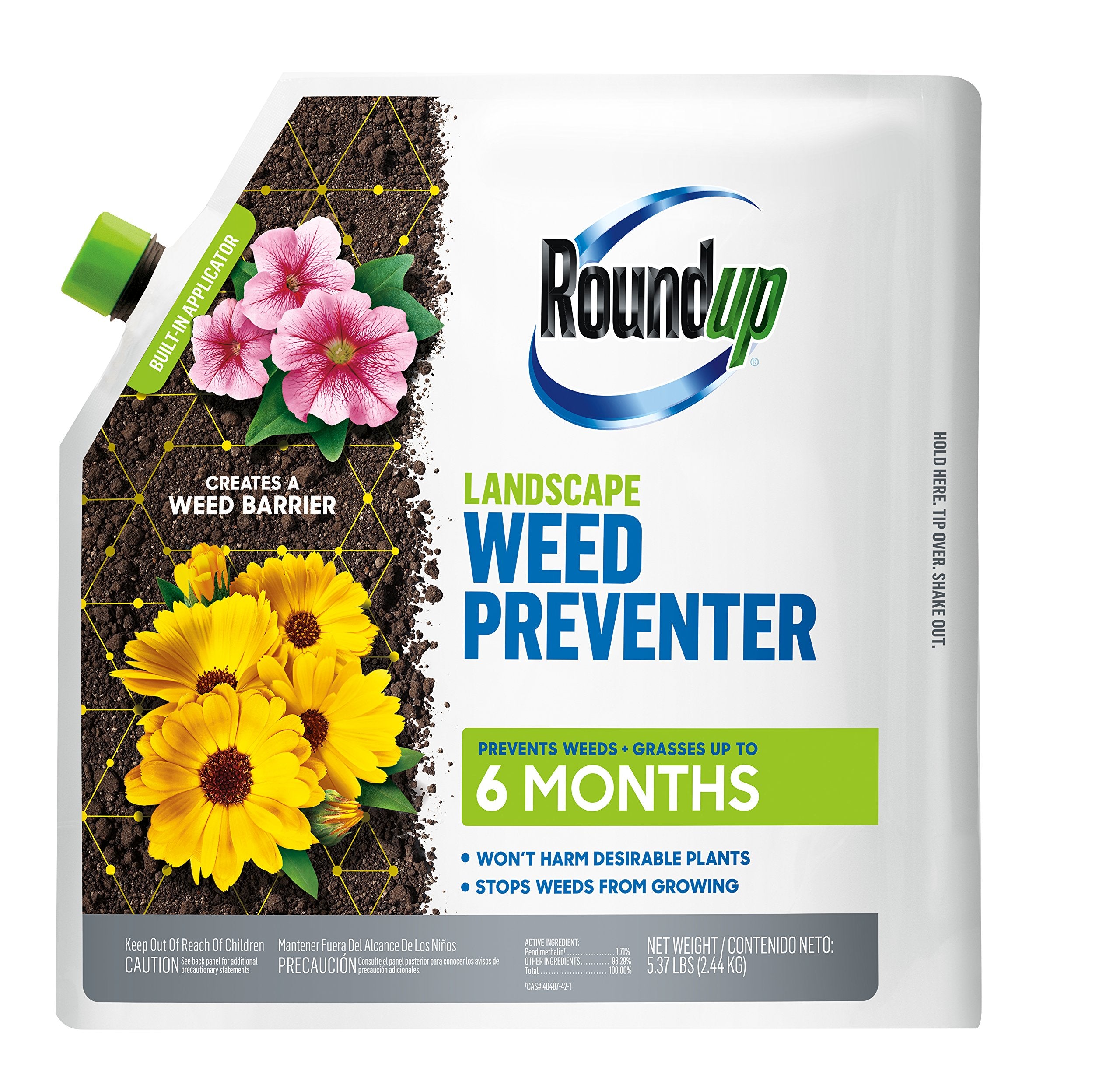 Roundup Landscape Weed Preventer bottle ready for spring application around plants to prevent weeds