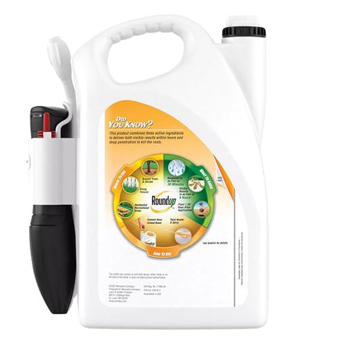 Roundup bottle shown in a leafy yard setting ready for treatment.