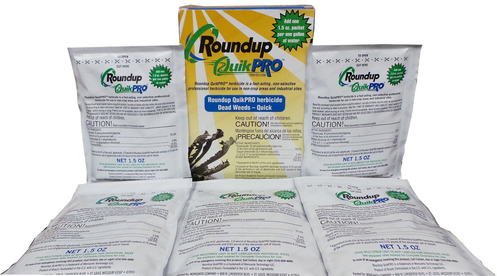 Roundup QuikPro bottle showing quick weed burndown for lawns and landscapes.