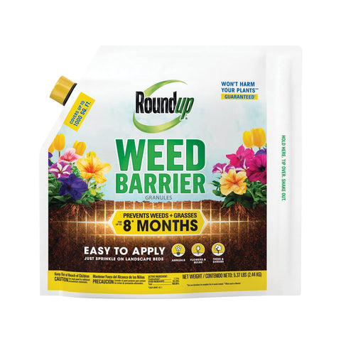 Roundup Weed Barrier Granules bag beside soil, preventing weeds.