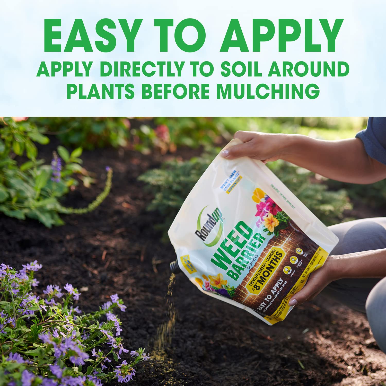 Roundup Weed Barrier Granules built-in applicator ensures even coverage.