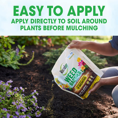 Roundup Weed Barrier Granules built-in applicator ensures even coverage.