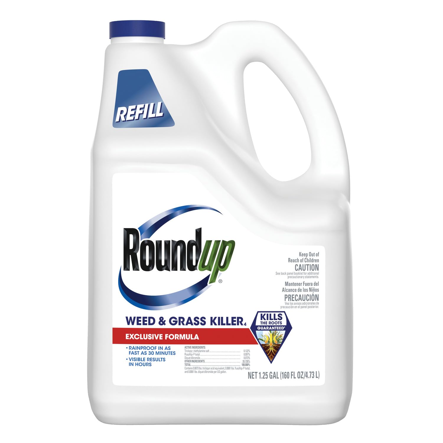 Roundup Weed Killer bottle full shows fast broadleaf weed control outdoors.