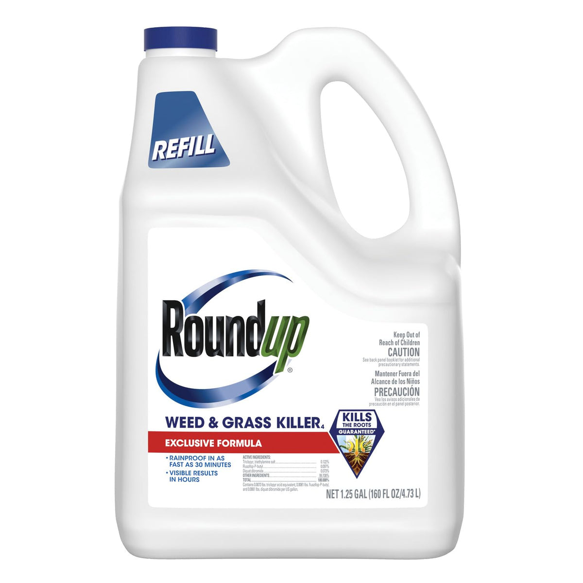 Roundup Weed Killer bottle full shows fast broadleaf weed control outdoors.