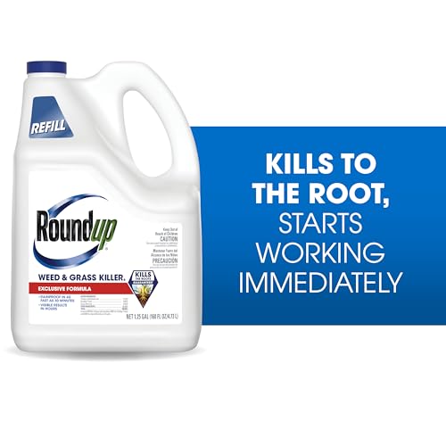 Roundup Weed Killer targets dandelions near flower beds during treatment.