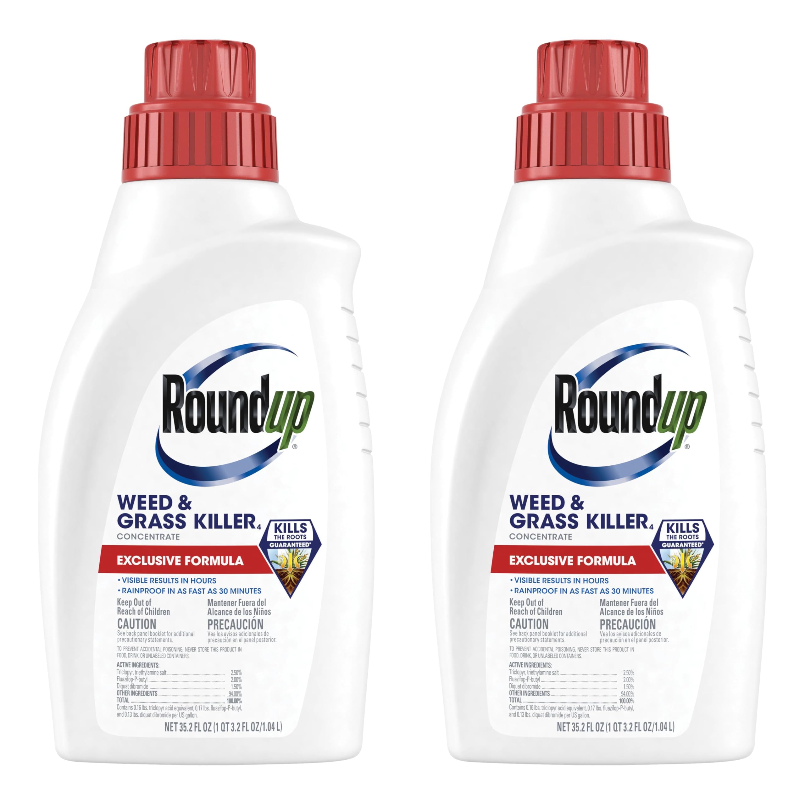 Roundup Weed Killer4 Concentrate bottle label highlights weed control and coverage.