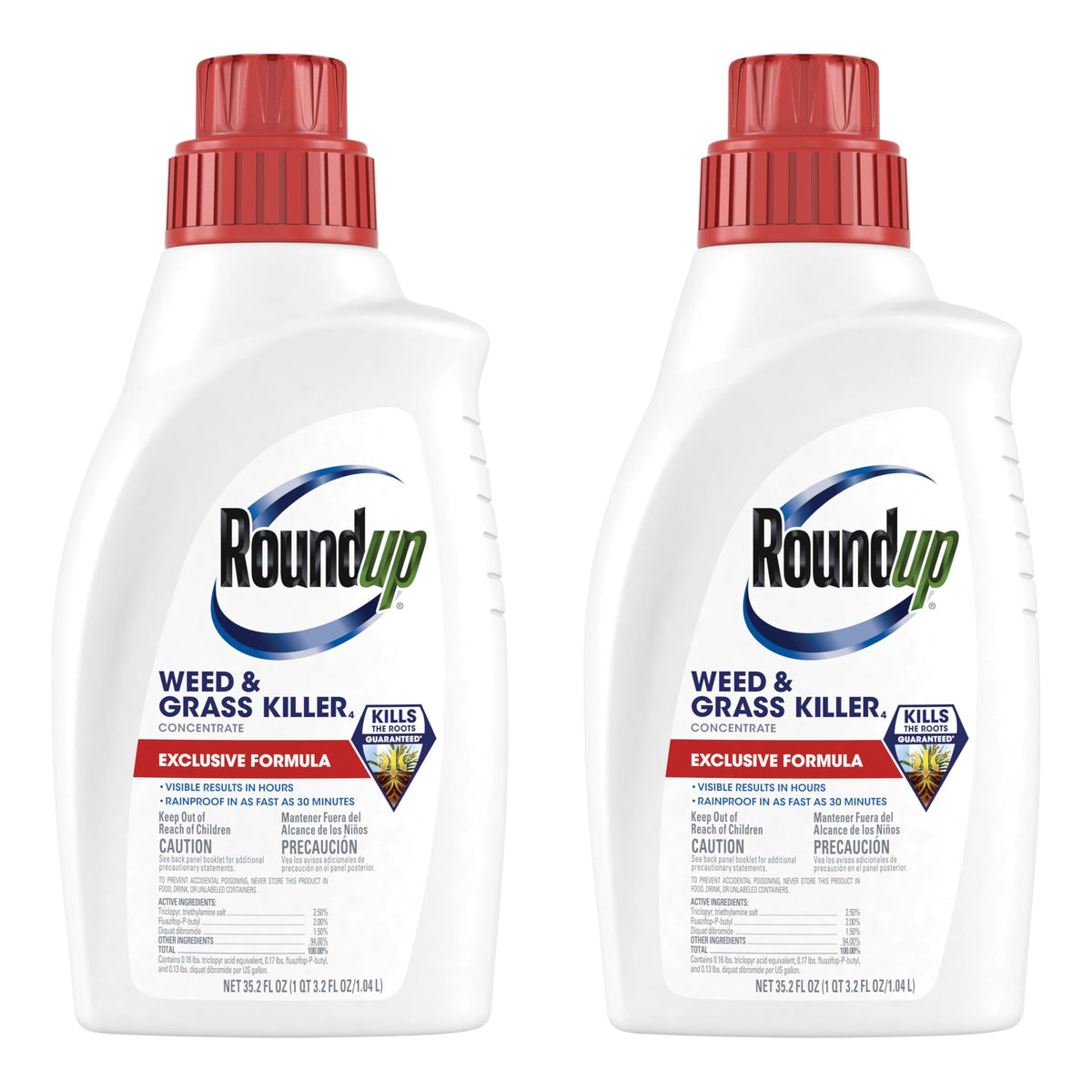 Roundup Weed Killer4 Concentrate bottle label highlights weed control and coverage.