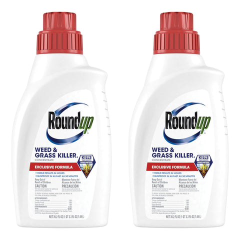 Roundup Weed Killer4 Concentrate bottle label highlights weed control and coverage.