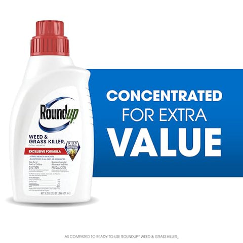 Roundup Weed Killer4 bottle pouring action for easy measuring in lawn care.