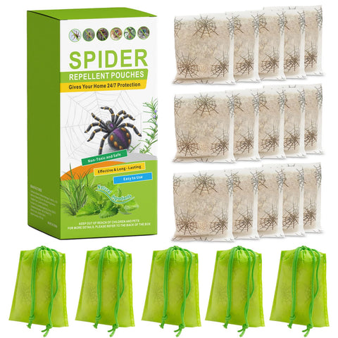 ROUTADE 15-pack spider repellent pouches with plant-based oils for indoor use.