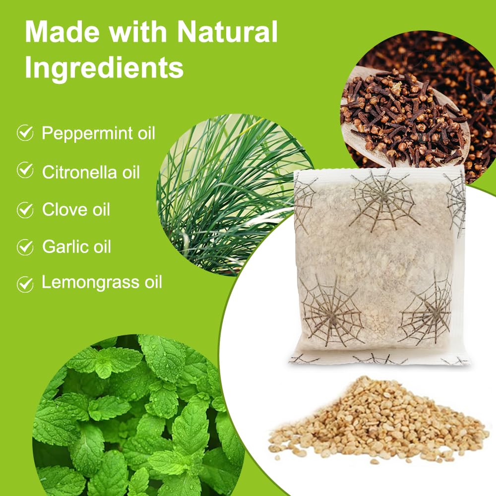 ROUTADE spider repellent pouch close-up shows peppermint and lemongrass scents for deterrence.