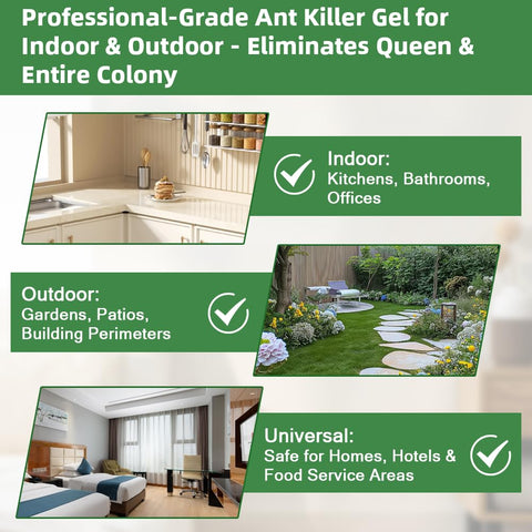 Product setup showing ROUTADE gel bait stations in kitchen and patio.