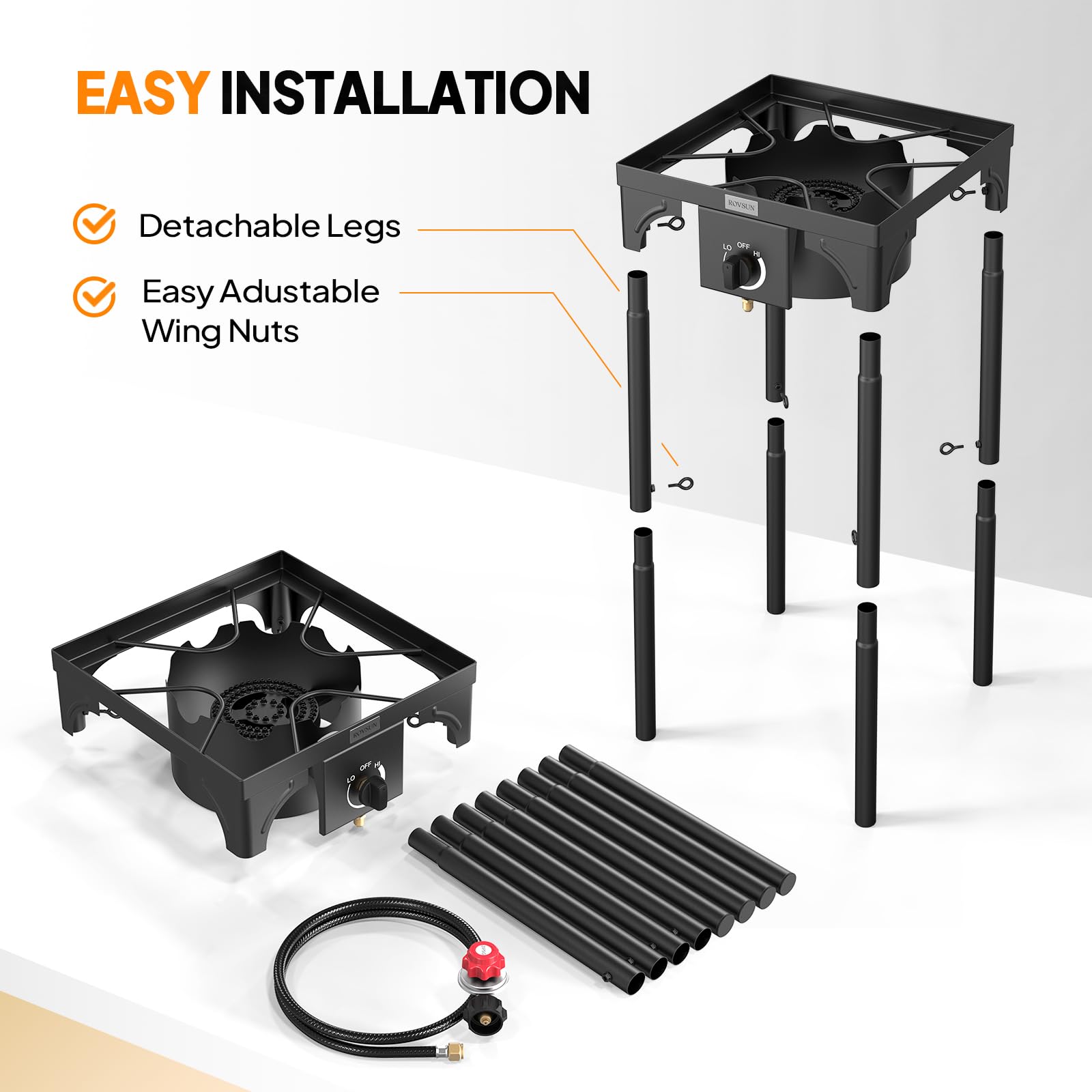 ROVSUN 100k BTU stove front view highlighting stable design and fuel access.