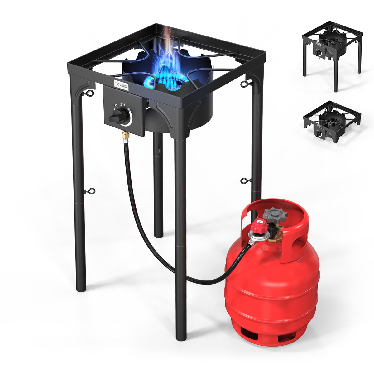 ROVSUN 100k BTU stove side view showing durable cast iron frame for outdoor cooking.