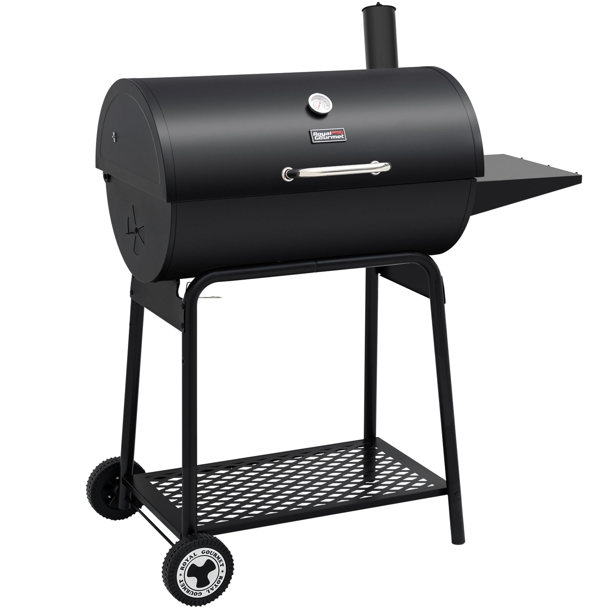 Royal Gourmet CC1830 barrel grill in full outdoor view for backyard BBQ