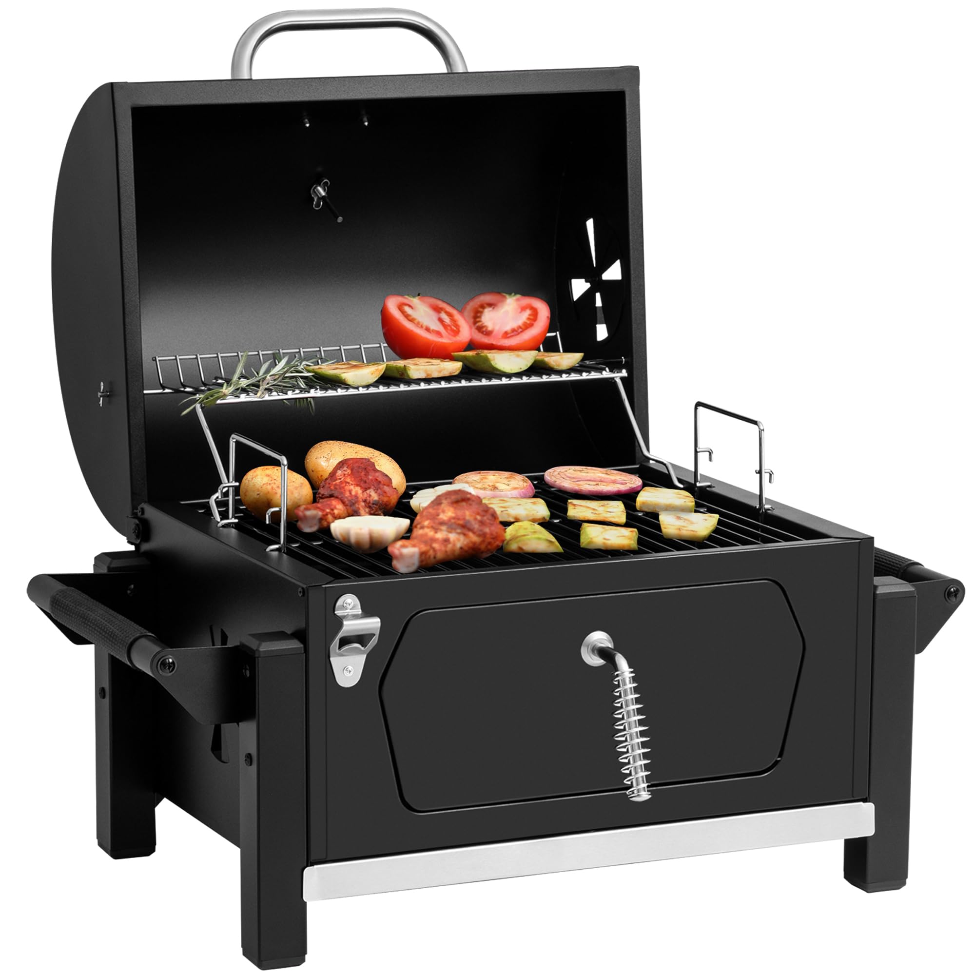 Royal Gourmet CD1519 portable charcoal grill with open lid for easy loading and monitoring