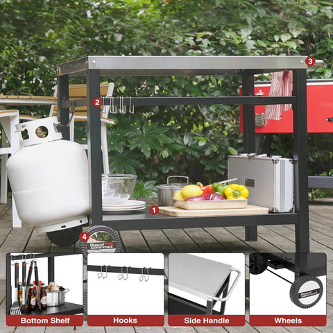 Royal Gourmet dining cart double shelves organize tools and plates.