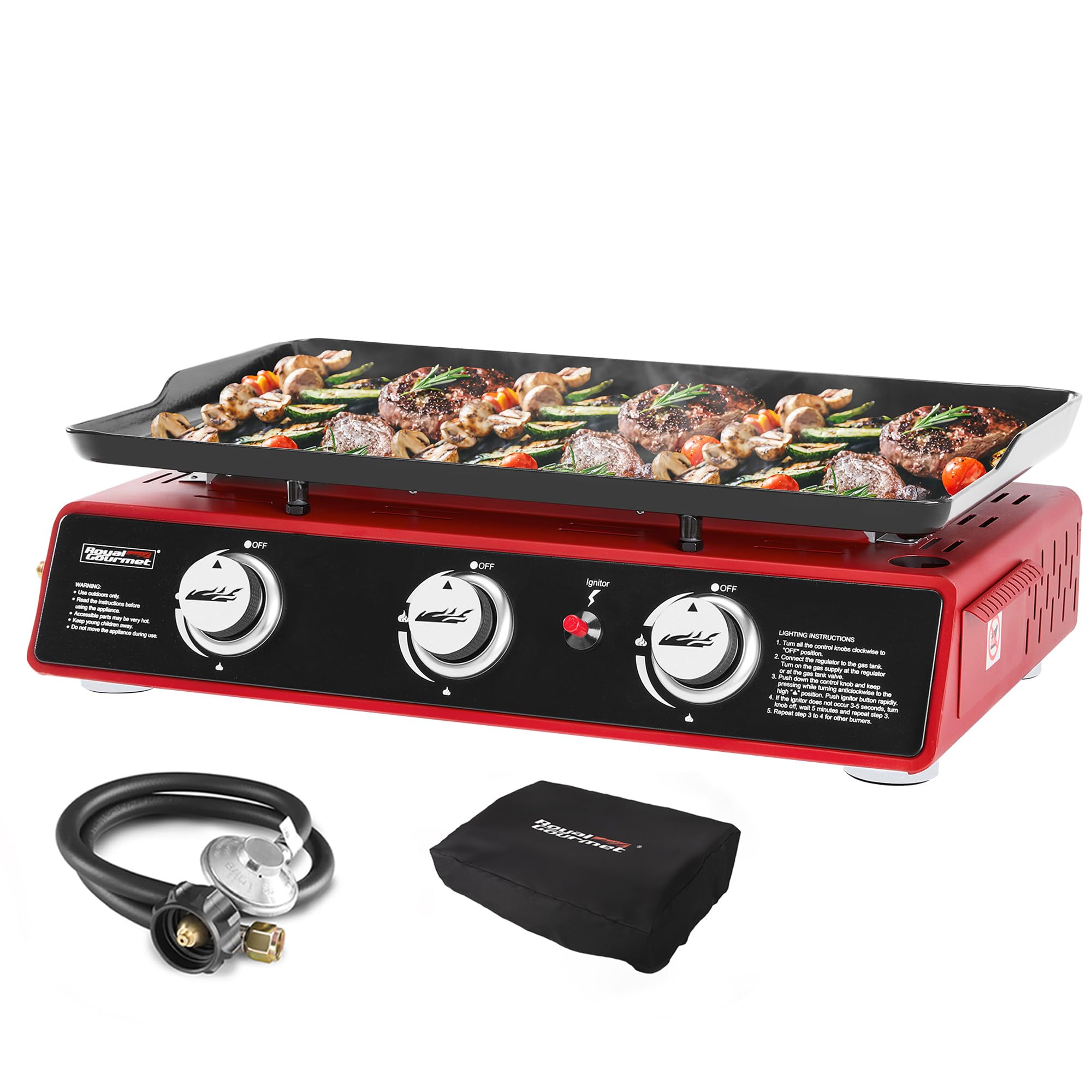 Royal Gourmet PD1301R 3-burner tabletop griddle, portable for camping and tailgating.