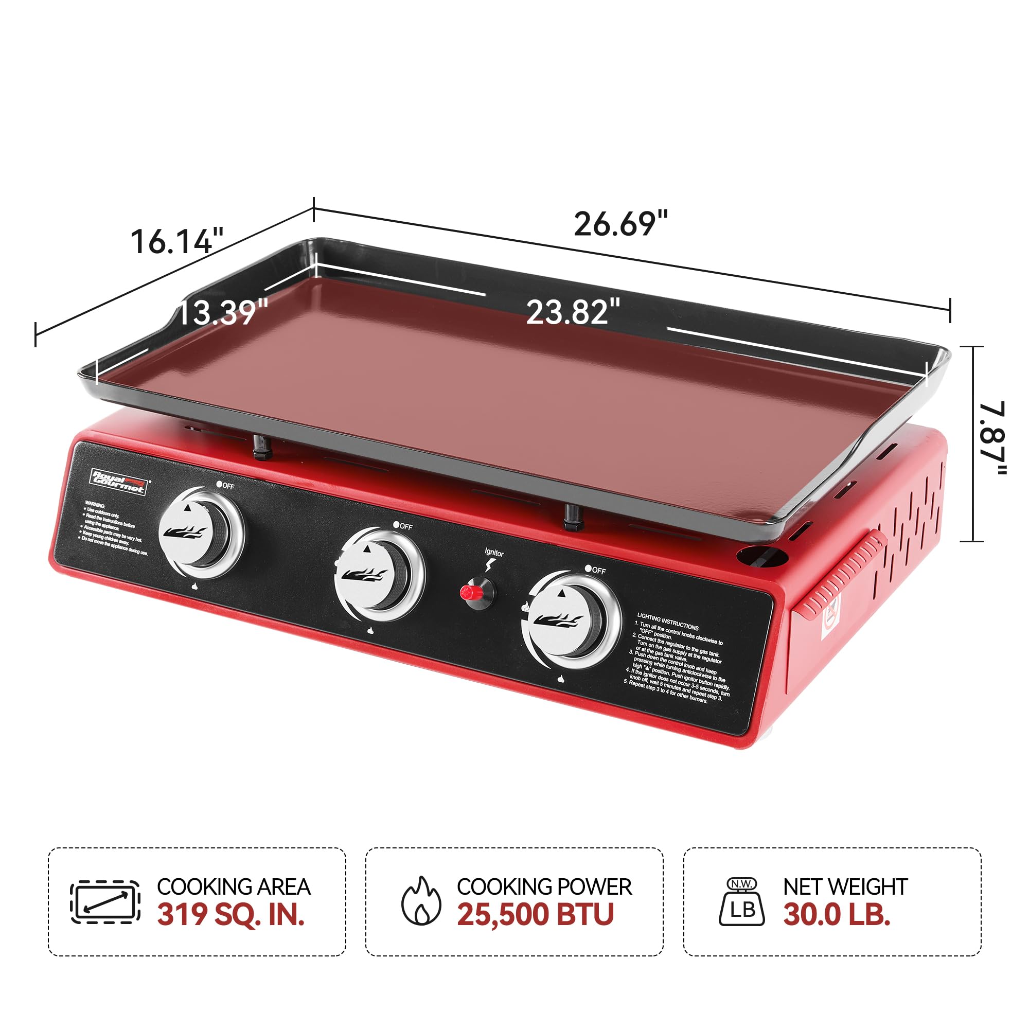 Three burners deliver 25,500 BTU power for efficient outdoor cooking.