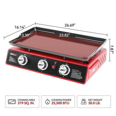 Three burners deliver 25,500 BTU power for efficient outdoor cooking.