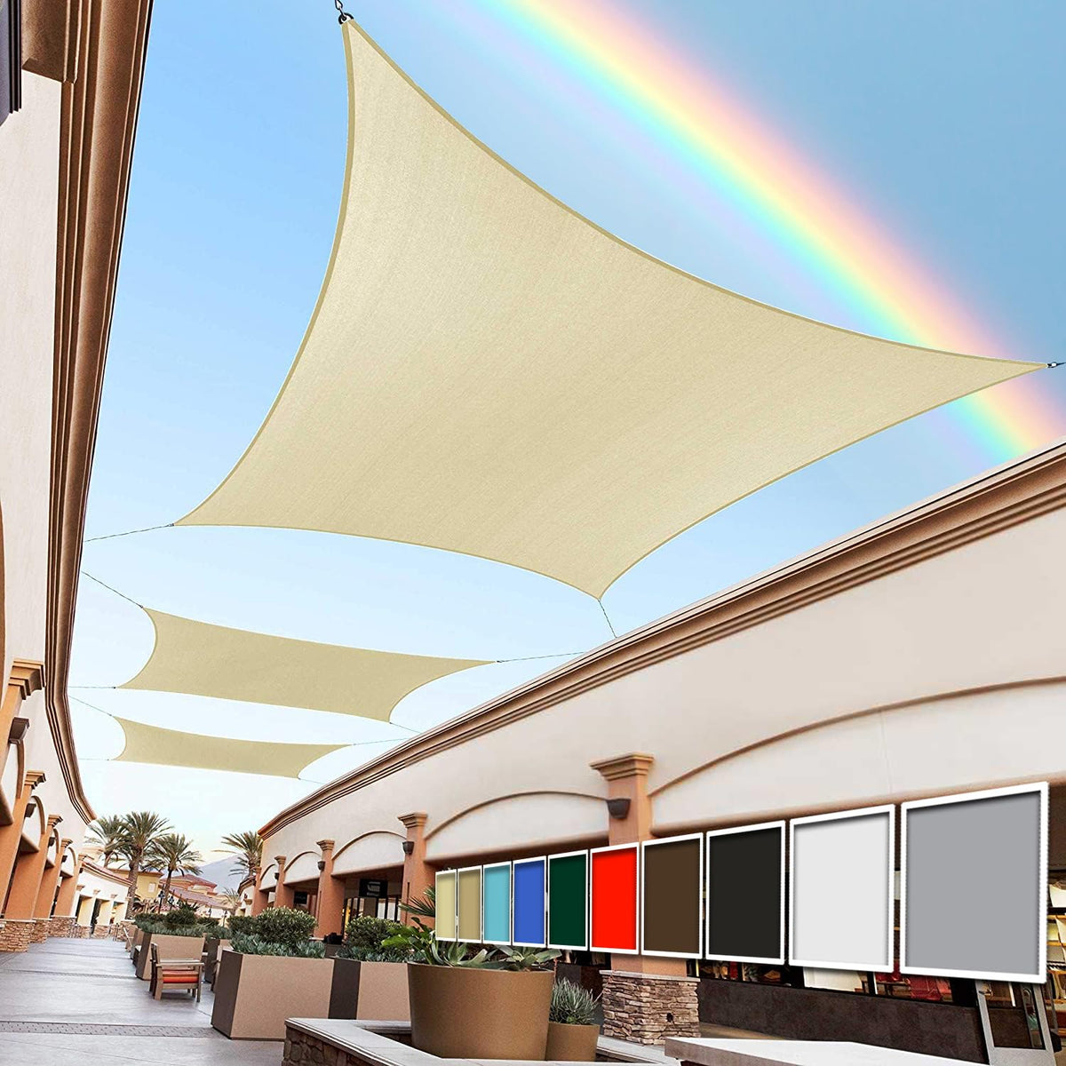 Royal Shade 10x20 beige rectangle sun sail on a patio providing UV protection