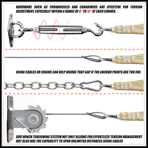 Royal Shade marine-grade stainless-steel D-rings secure sturdy corner anchors.