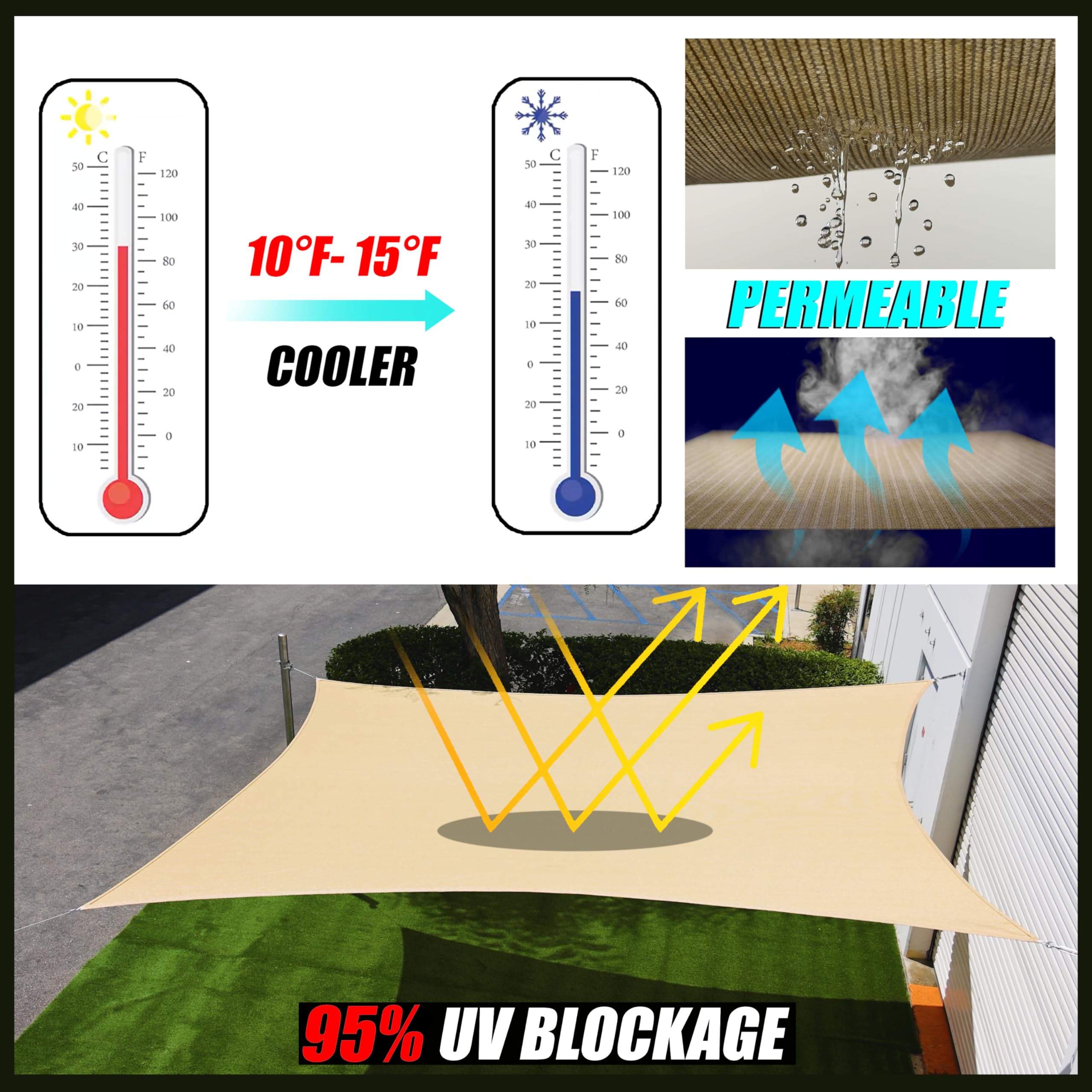 Royal Shade water-permeable canopy reduces water pooling after rain.