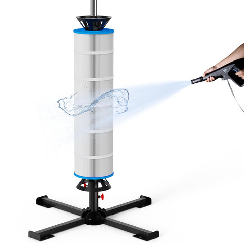 ROYOR pool filter cleaner stand front view highlights durable steel construction for long-lasting use.