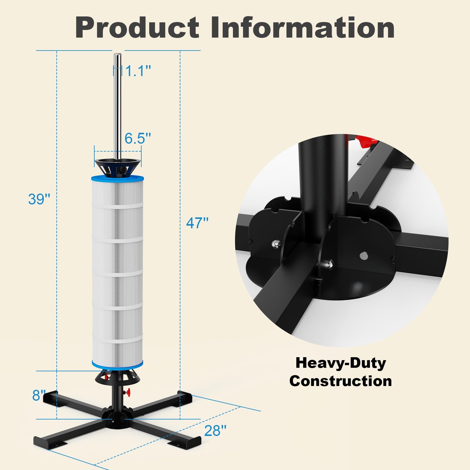 ROYOR stand side view emphasizes stability and compatibility with 3", 4", and 6" cartridges.