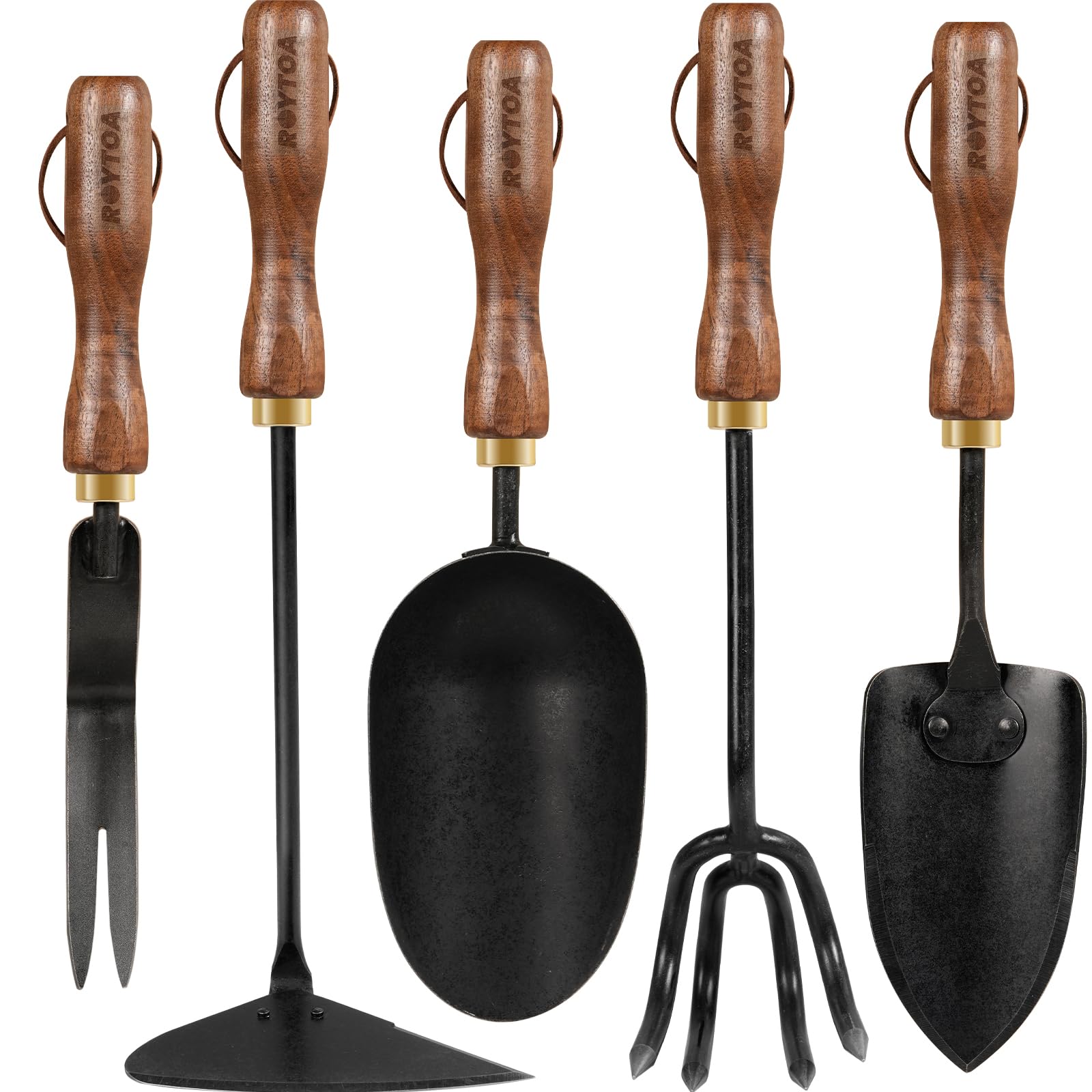 ROYTOA garden tool set with hand cultivator and ergonomic walnut handle for easy soil work.