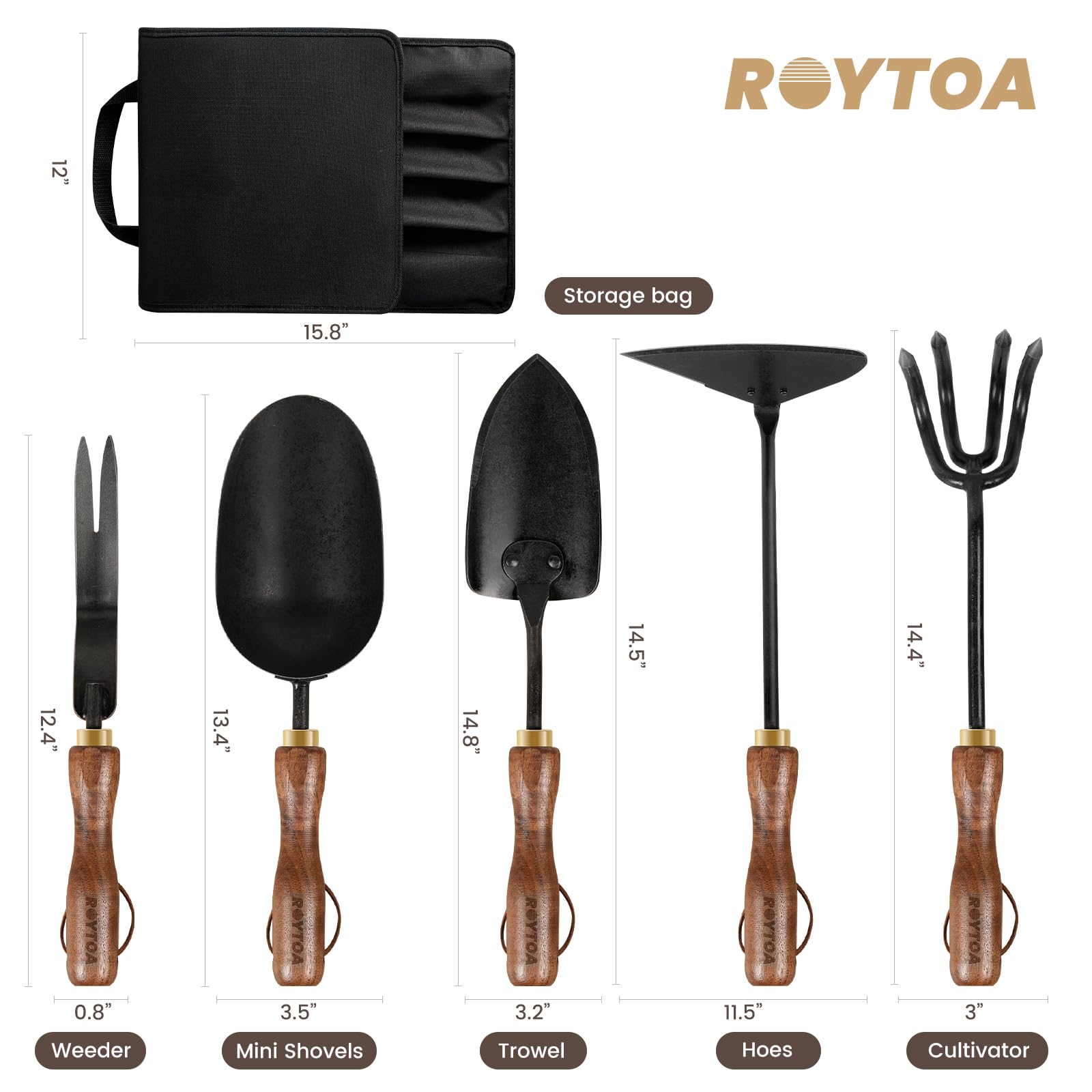 ROYTOA five-piece set featuring sturdy stainless steel hoes for durable garden tasks.