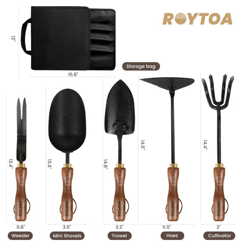 ROYTOA five-piece set featuring sturdy stainless steel hoes for durable garden tasks.