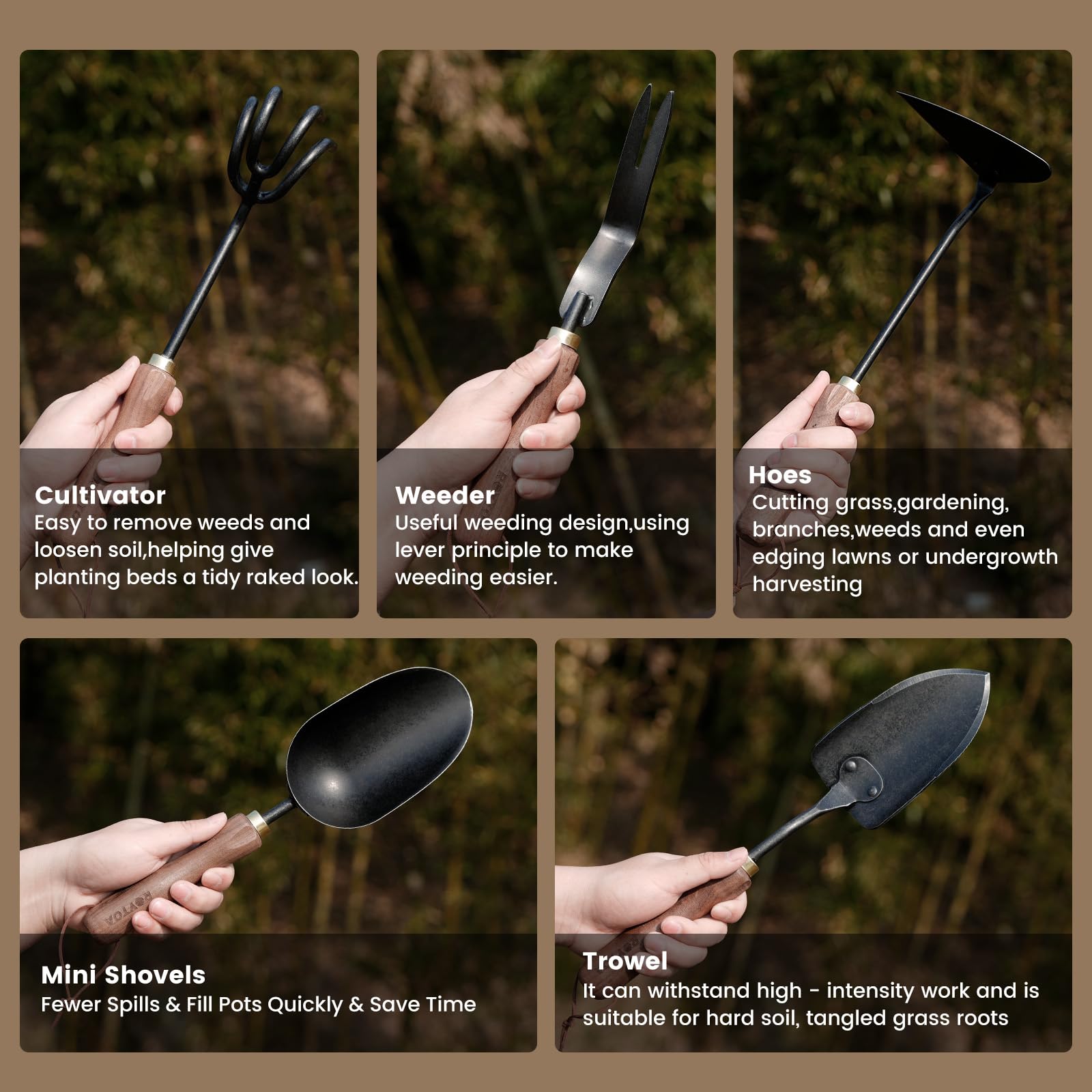 ROYTOA shovel shown with ergonomic handle for reduced wrist strain during digging.