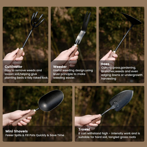 ROYTOA shovel shown with ergonomic handle for reduced wrist strain during digging.